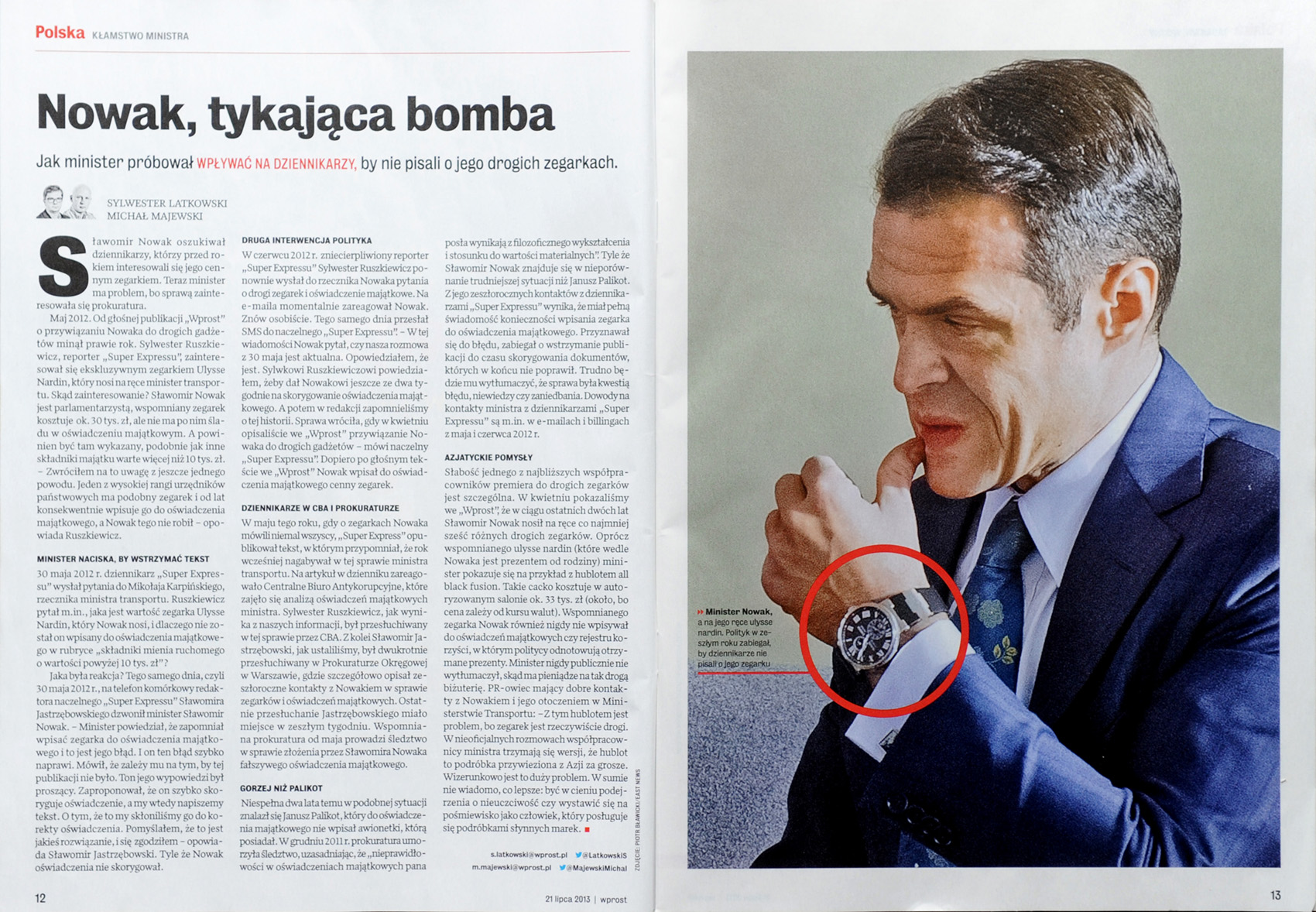 tygodnik WPROST nr 29/2013 r., s. 12-13  minister transportu Sławomir Nowak z zegarkiem Ulysse Nardin